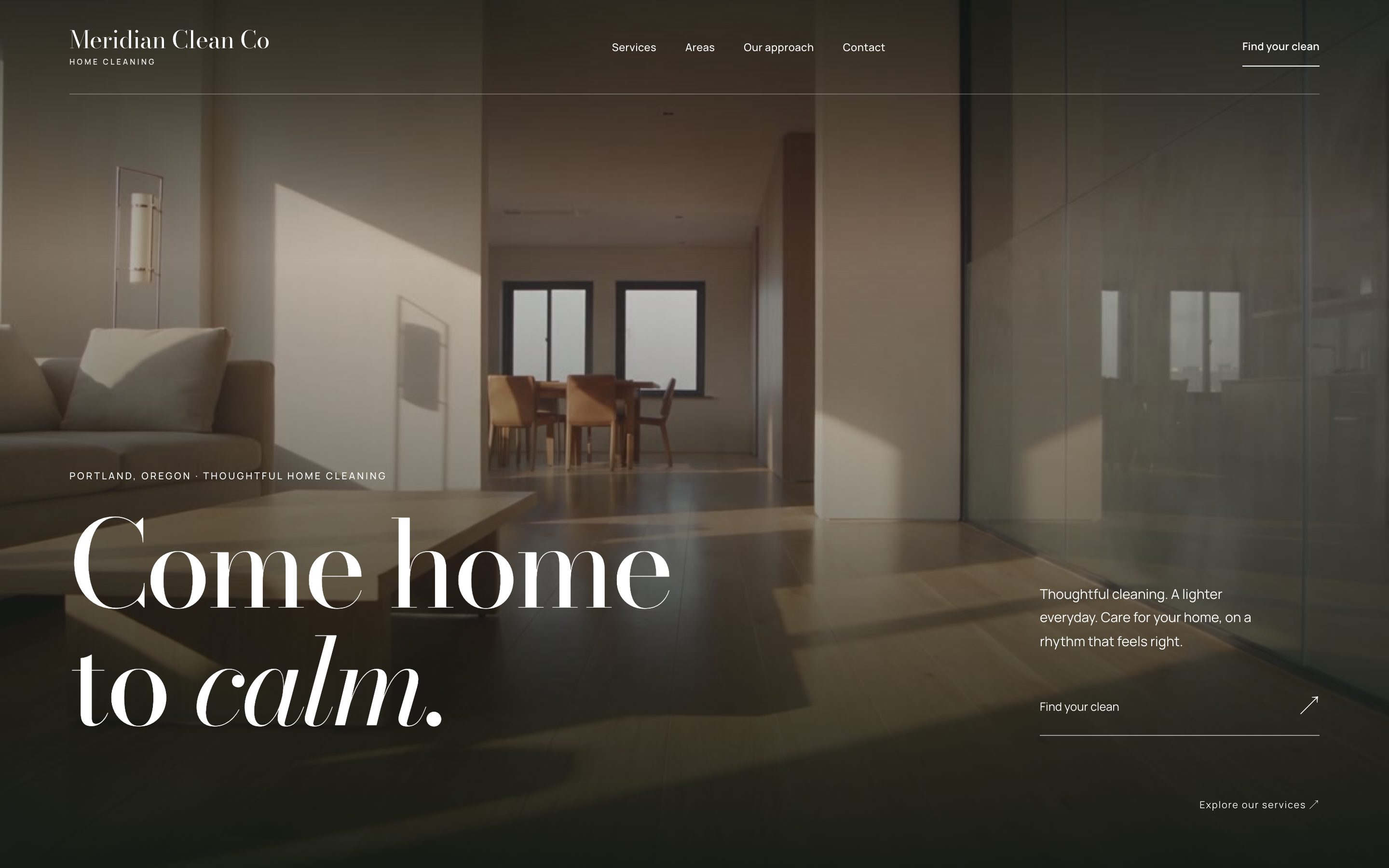 Desktop home page of the Meridian style, shown as Meridian Clean Co