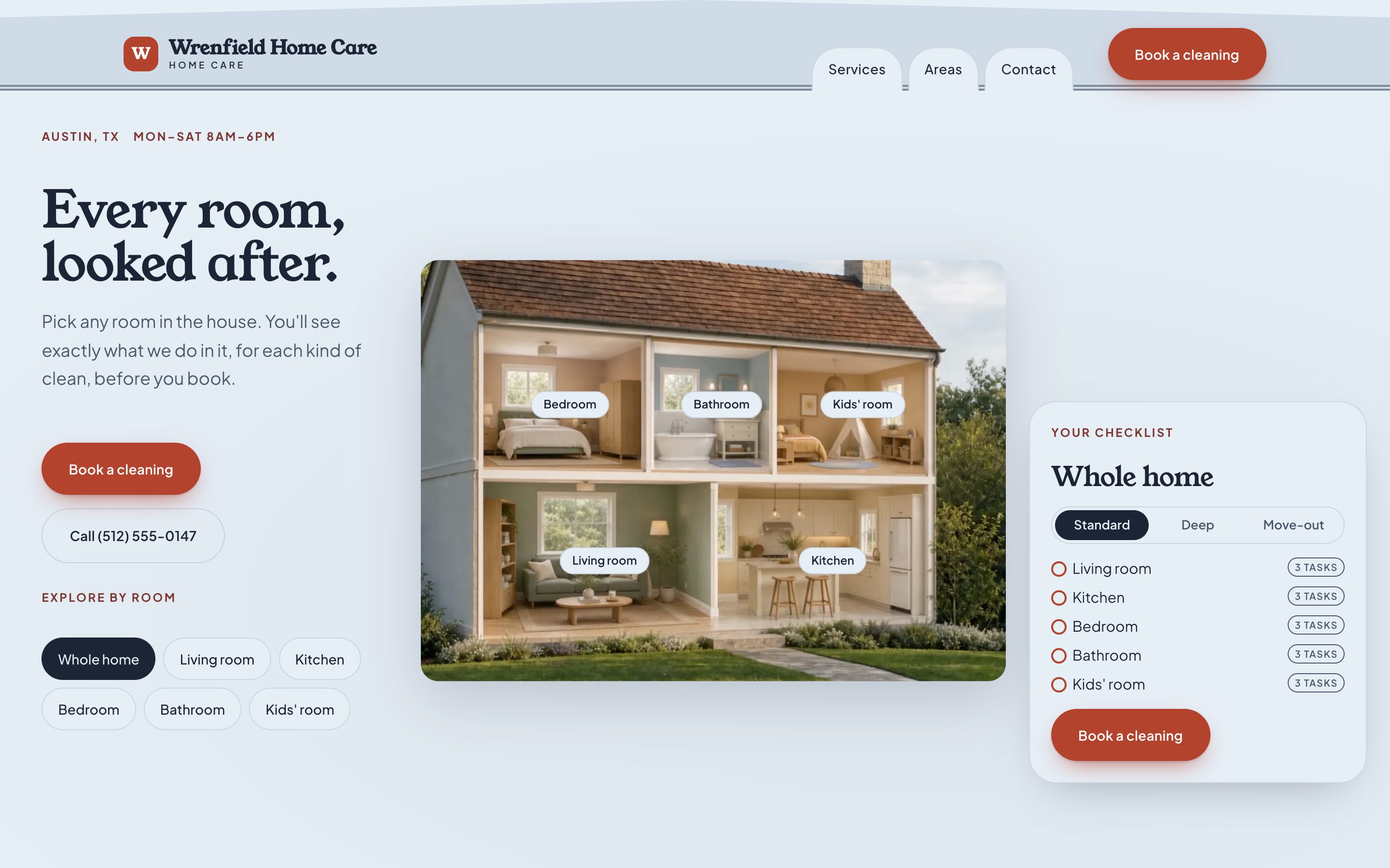 Desktop home page of the Dollhouse style, shown as Wrenfield Home Care